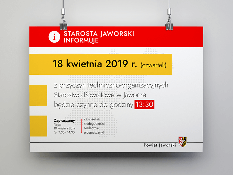 Plakat z informacjami dla Powiatu Jaworskiego